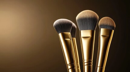 Poster - A 3D realistic illustration of professional golden makeup brushes for powder, eyeshadow, and foundation, perfect for beauty or cosmetic product promotions.