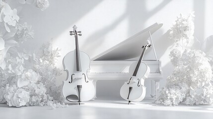 Wall Mural - White cello, violin & grand piano in a minimalist floral setting.