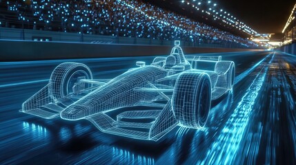 Poster - A 3D wireframe hologram of an Indy car on a racetrack, illuminated with glowing blue lights, emphasizing speed and motion.