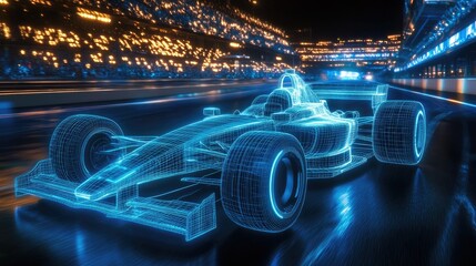 Poster - A 3D wireframe hologram of an Indy car on a racetrack, illuminated with glowing blue lights, emphasizing speed and motion.