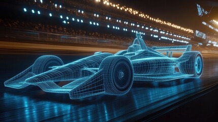 Poster - A 3D wireframe hologram of an Indy car on a racetrack, illuminated with glowing blue lights, emphasizing speed and motion.