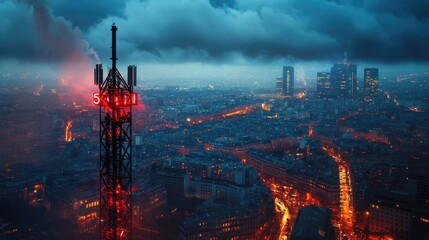 Poster - A 5G tower with radio waves radiating across a European city, symbolizing the high-speed wireless connection provided by the fifth-generation mobile network.