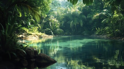 Poster - A beautiful jungle pond, with crystal-clear water reflecting the dense, tropical surroundings. A perfect setting for environmental or adventure-themed marketing.