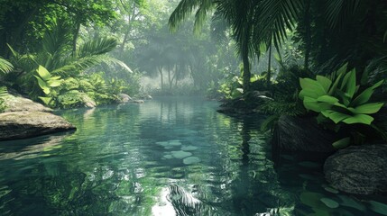 Poster - A beautiful jungle pond, with crystal-clear water reflecting the dense, tropical surroundings. A perfect setting for environmental or adventure-themed marketing.