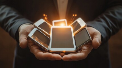 Poster - A businessman hand holding multiple connected devices, with glowing lines symbolizing seamless data flow and communication in today digital world.