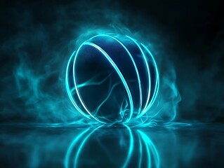 Wall Mural - Basketball with blue neon lights around a black background dark wallpaper, light color neon lights around shadowed ball