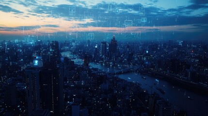 Poster - A city skyline from above with digital connectivity icons overlaid, symbolizing modern smart city infrastructure and data-driven communication.