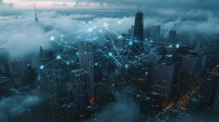 Poster - A city skyline from above with digital connectivity icons overlaid, symbolizing modern smart city infrastructure and data-driven communication.