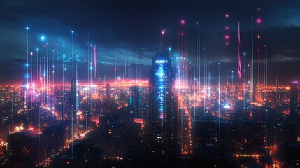 Poster - A city skyline illuminated by digital connection lines, symbolizing wireless communication and the growth of the smart city network at night.
