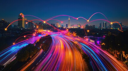Aufkleber - A cityscape at night with glowing lines representing wireless network connections, showcasing smart city technology and digital infrastructure.