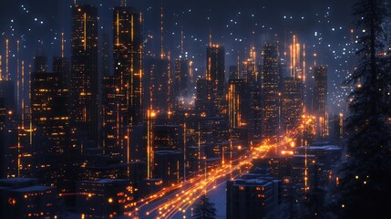 Aufkleber - A cityscape at night with glowing lines representing wireless network connections, showcasing smart city technology and digital infrastructure.