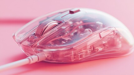 Poster - A close-up of a computer mouse's internal mechanism, with delicate wires and parts visible on a soft pink background, emphasizing technology.