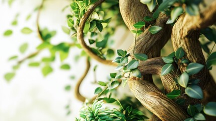 Poster - A close-up of a vine wrapped around a tree in a lush jungle, set against a white background, showcasing tropical plant life.