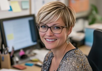 Aufkleber - Smiling woman with short blonde hair and glasses sitting at her desk in a modern office environment, radiating confidence and approachability while working on a computer.