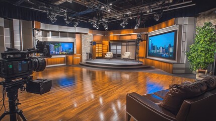 Aufkleber - A contemporary news studio with a modern set design, digital screens, and broadcast equipment, perfect for television production.