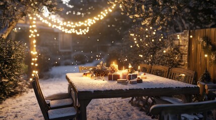 Poster - A cozy winter scene with a snowy table surface and plenty of free space for personal holiday decorations or gifts.