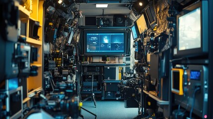 Aufkleber - A detailed shot of broadcasting equipment inside an outside broadcasting van, featuring cameras, screens, and technical gear for TV production.