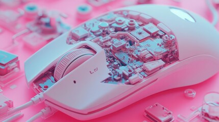 Aufkleber - A detailed view of the inner workings of a computer mouse, including buttons and sensor mechanisms, on a pastel pink background.