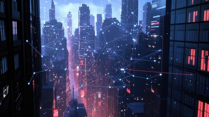 Poster - A digital city scene with visible wireless connections flowing between buildings, representing smart city infrastructure and global connectivity.