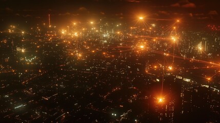 Aufkleber - A digital view of a city at night, with wireless network connections shown as glowing lines, highlighting the power of communication technology.