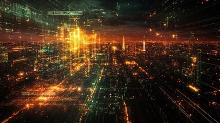 Aufkleber - A digital view of a city at night, with wireless network connections shown as glowing lines, highlighting the power of communication technology.