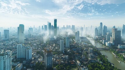 Poster - A digital view of Bangkok city with a web of wireless connections, illustrating 5G networks, LPWA, and IoT in a smart city ecosystem.