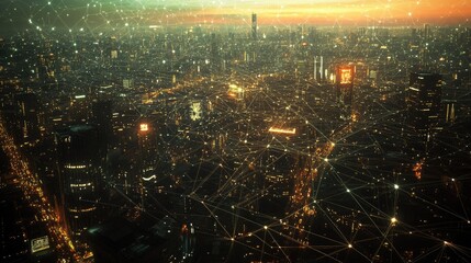 Poster - A digital view of Bangkok city with a web of wireless connections, illustrating 5G networks, LPWA, and IoT in a smart city ecosystem.