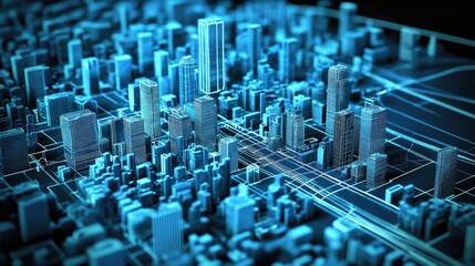 Poster - A dynamic city view with digital network signals and lines indicating wireless connectivity, showcasing the future of smart cities.