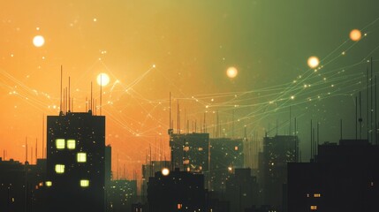 Poster - A dynamic city view with digital network signals and lines indicating wireless connectivity, showcasing the future of smart cities.