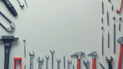 Poster - A flat lay image of construction hand tools like hammers, wrenches, and pliers arranged neatly with assorted screws and nails, offering ample space for copy.