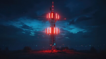 Poster - A futuristic 5G mobile telecommunication tower in Europe, transmitting high-speed data for smartphones, with glowing wireless signals and AI-generated technology.