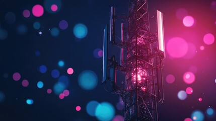 Poster - A futuristic 5G mobile telecommunication tower in Europe, transmitting high-speed data for smartphones, with glowing wireless signals and AI-generated technology.