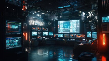 Poster - A futuristic news broadcast studio with digital displays, studio lights, and cameras, providing a professional environment for live news shows.