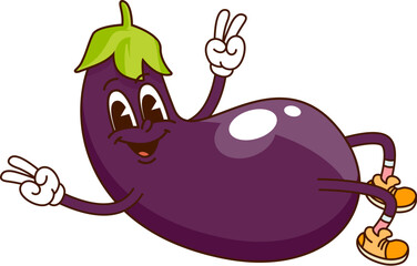 Wall Mural - Cartoon groovy eggplant vegetable character pumping press on fitness sport. Isolated vector funny veggie sportsman, retro healthy food farm personage engaged in healthy lifestyle and workout exercises