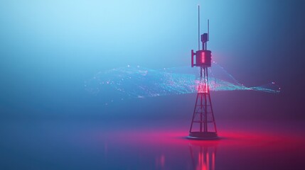 Poster - A futuristic signal antenna with a holographic line data stream, illustrating the concept of modern telecommunications and broadcast technology.