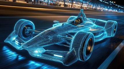 Poster - A futuristic wireframe Indy car on a racetrack, illuminated with blue light to showcase detailed racing features and high-speed motion.