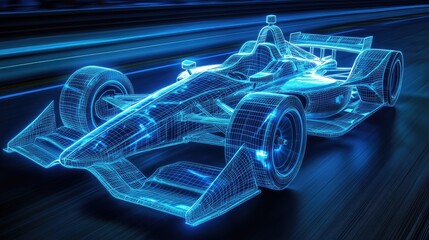 Poster - A futuristic wireframe Indy car on a racetrack, illuminated with blue light to showcase detailed racing features and high-speed motion.