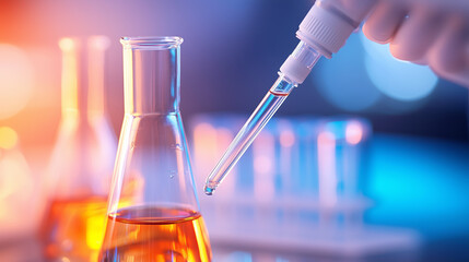 Poster - laboratory experiment involving liquid transfer with dropper and glassware in bright illumination