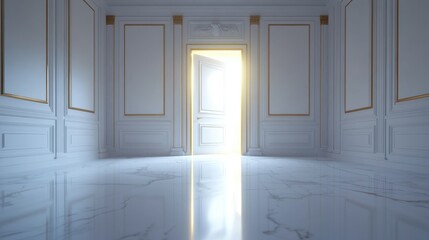 Poster - A glowing light from an open door, illuminating an empty room with pristine white marble floors and gold-trimmed walls. Perfect for high-end product or architectural promotions.