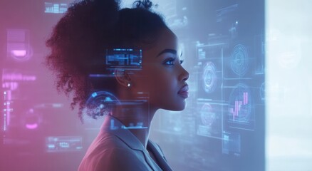 Poster - Young woman with curly hair gazes thoughtfully at futuristic digital interface displaying data, graphs, and holograms representing technology and innovation in modern society.