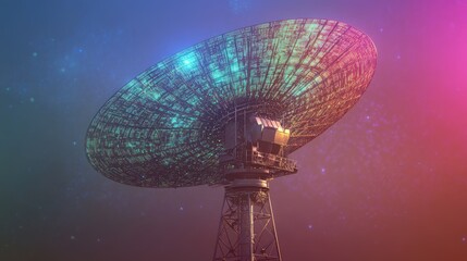 Poster - A high-tech signal antenna with a digital data hologram, representing the modern era of broadcast transmission and telecommunication networks.