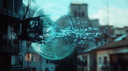 Poster - A high-tech signal antenna with a digital data hologram, representing the modern era of broadcast transmission and telecommunication networks.
