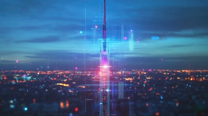 Poster - A high-tech signal antenna with a digital data hologram, representing the modern era of broadcast transmission and telecommunication networks.