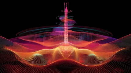 Poster - A hologram of data lines surrounding a signal antenna, symbolizing communication and broadcasting in the digital age.