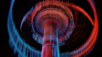 Poster - A hologram of data lines surrounding a signal antenna, symbolizing communication and broadcasting in the digital age.