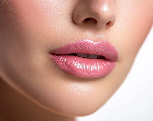 Close-up of woman's lips with bright fashion pink glossy makeup. Macro magenta lipgloss make-up. Sexy pink lip makeup. Highly saturated color. Lipstick