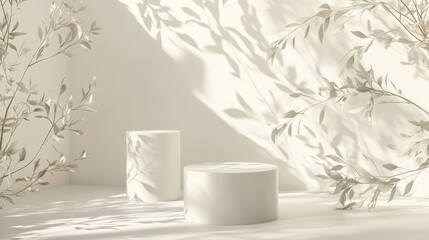 Poster - A minimalist 3D background featuring white cylinder podiums and natural leaves, creating a peaceful and refined scene for product display.