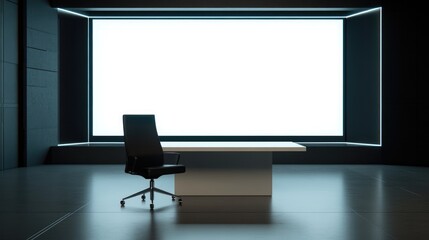 Poster - A minimalist news studio with a white table and black chair in front of a large, blank LED screen, ready for broadcasting or interviews.