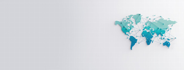 Poster - map with connecting lines in gradient blue, showcasing global connections and networks. This design emphasizes interconnectedness of regions and countries