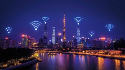 Poster - A modern city illuminated with wireless network signals, demonstrating the integration of smart technology and connectivity in urban living.